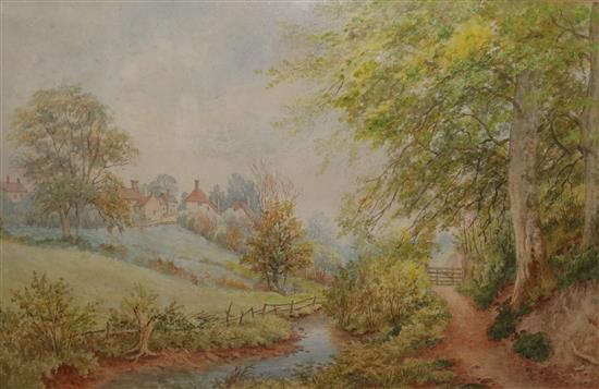 19C w/colour landscape - woodland scene with stream & cottages